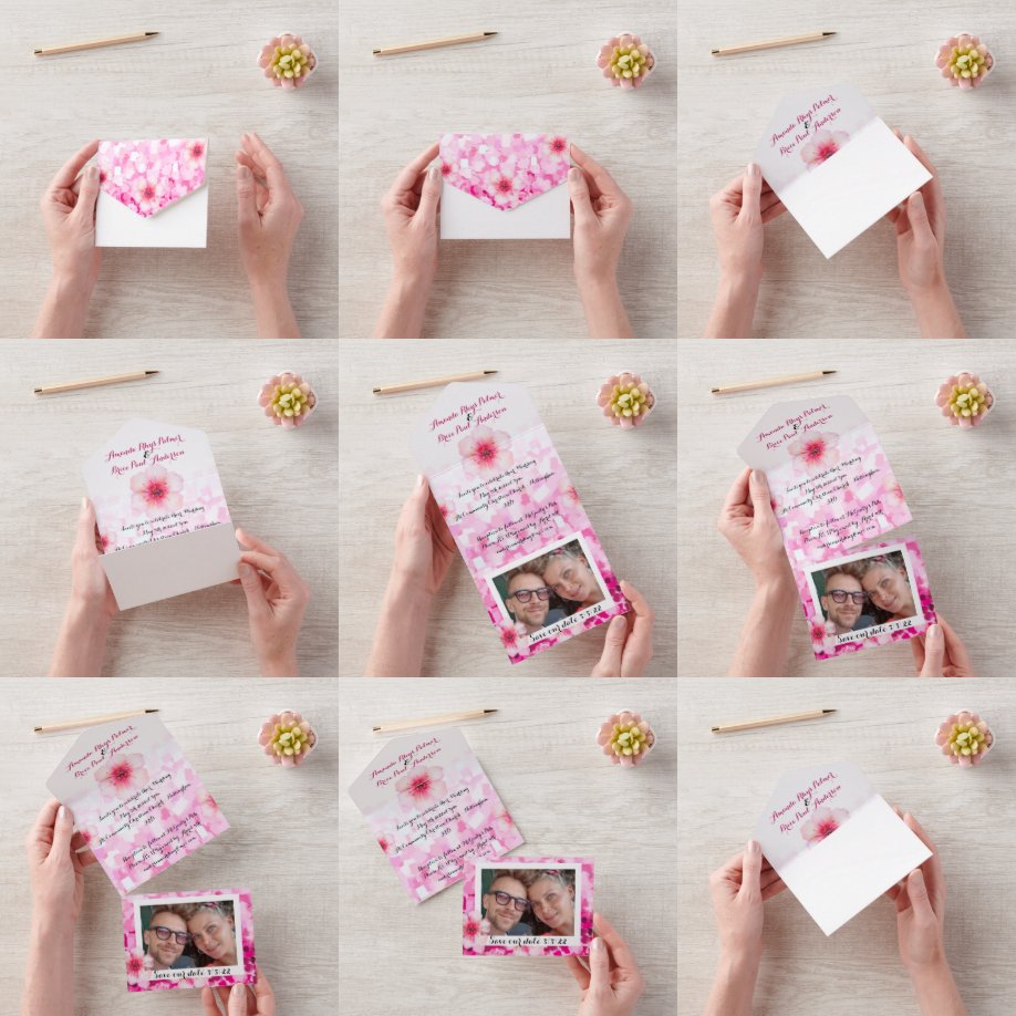 Kirschblüten Hochzeit einladen & rett Datum Foto All In One Einladung