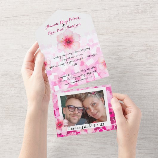 Kirschblüten Hochzeit einladen & rett Datum Foto All In One Einladung (Abreißen)
