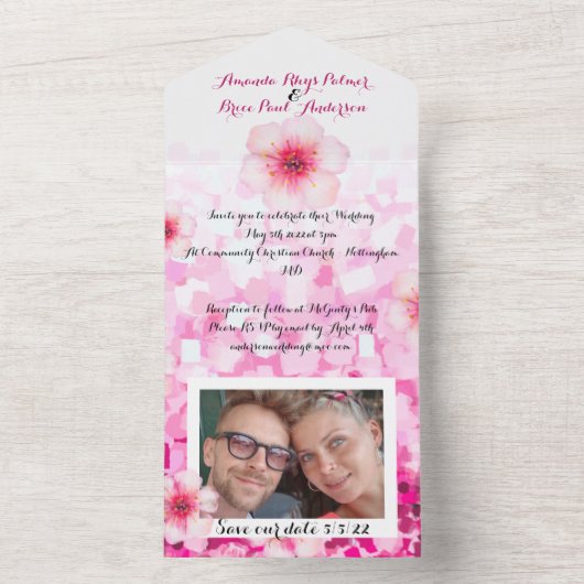 Kirschblüten Hochzeit einladen & rett Datum Foto All In One Einladung (Innen Boden)