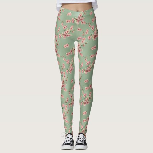 Kirschblüten in rosa und Aquamarin Leggings (Vorderseite)