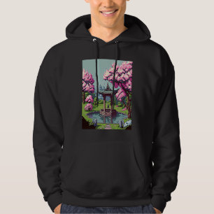Kirschblüten Japanischer Schrein Teich Retro 16bit Hoodie
