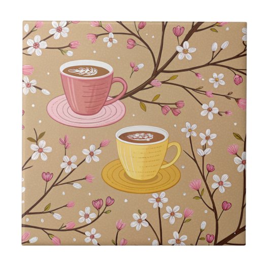 Kirschblüten-Kaffeebecher-Muster (4) Fliese (Vorderseite)
