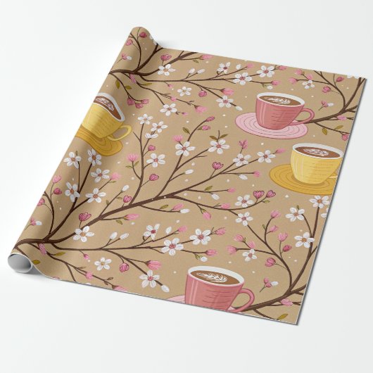 Kirschblüten-Kaffeekissen-Muster (4) Geschenkpapier (Ungerollt)