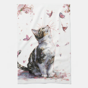 Kirschblüten-Katze und Schmetterlinge (10) Geschirrtuch