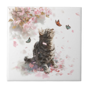Kirschblüten-Katze und Schmetterlinge (11) Fliese