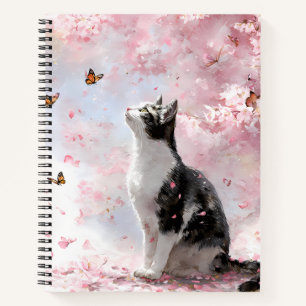 Kirschblüten-Katze und Schmetterlinge (1) Notizblock