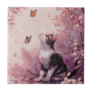 Kirschblüten-Katze und Schmetterlinge (2) Fliese