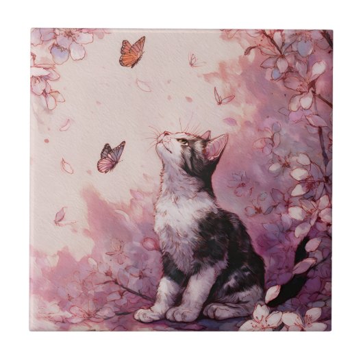 Kirschblüten-Katze und Schmetterlinge (2) Fliese (Vorderseite)