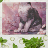 Kirschblüten-Katze und Schmetterlinge (2) Geschirrtuch (Gefaltet)