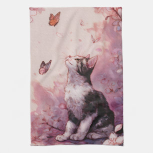 Kirschblüten-Katze und Schmetterlinge (2) Geschirrtuch