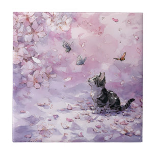 Kirschblüten-Katze und Schmetterlinge (5) Fliese