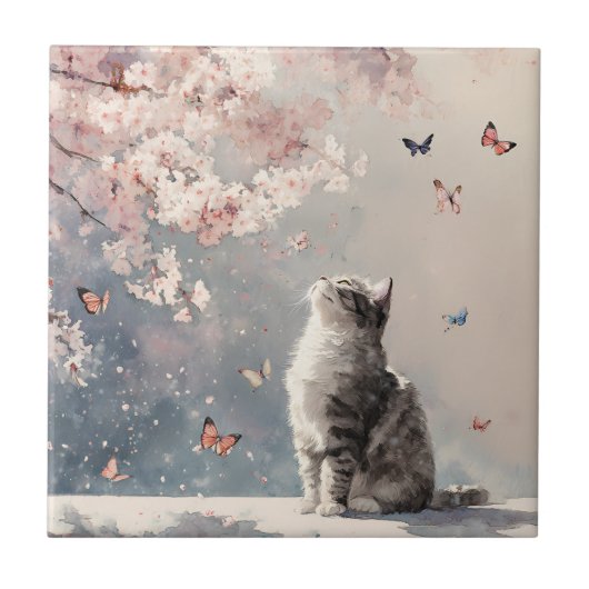 Kirschblüten-Katze und Schmetterlinge (6) Fliese (Vorderseite)