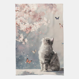 Kirschblüten-Katze und Schmetterlinge (6) Geschirrtuch