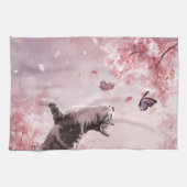 Kirschblüten-Katze und Schmetterlinge (7) Geschirrtuch (Horizontal)