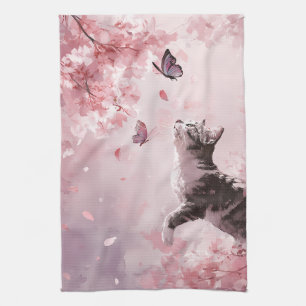 Kirschblüten-Katze und Schmetterlinge (7) Geschirrtuch