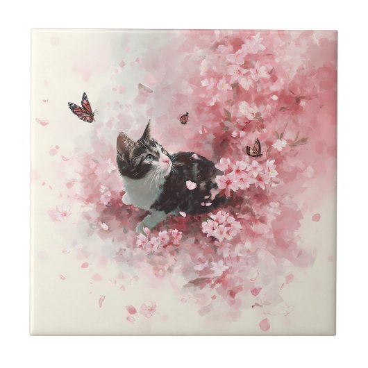 Kirschblüten-Katze und Schmetterlinge (8) Fliese (Vorderseite)