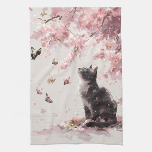 Kirschblüten-Katze und Schmetterlinge (9) Geschirrtuch