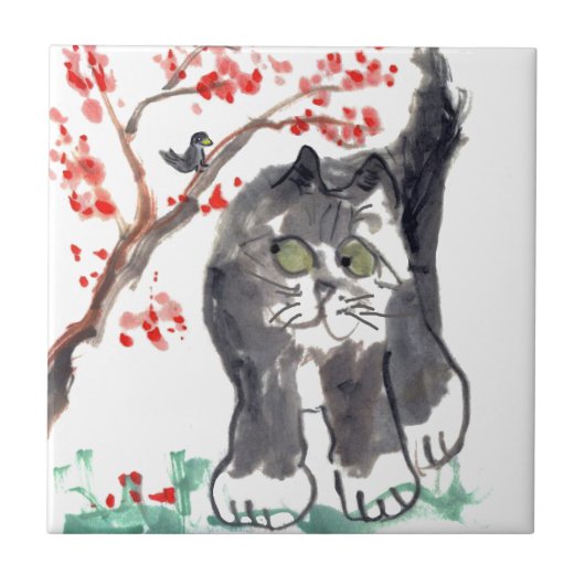 Kirschblüten-Katze und Vogel Fliese (Vorderseite)