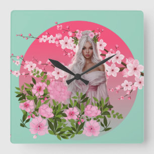 Kirschblüten-Mädchen-Wanduhr Quadratische Wanduhr