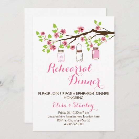 Kirschblüten Mason Glas Hochzeit Probe Abendessen Einladung (Vorne/Hinten)