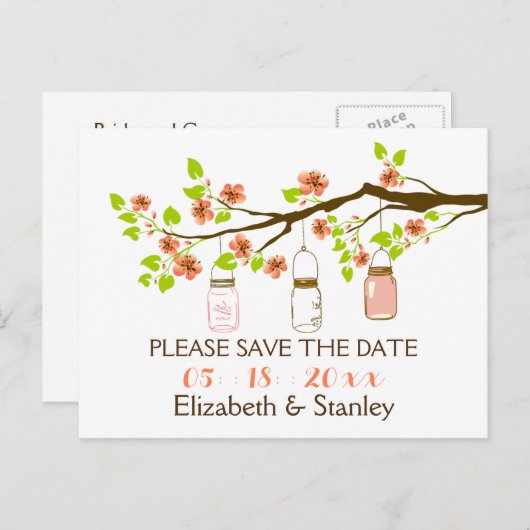 Kirschblüten, Maurergläser Hochzeit Sichern das Da Ankündigungspostkarte (Vorne/Hinten)