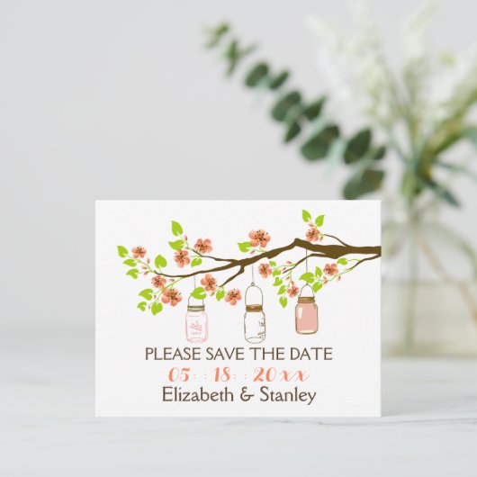 Kirschblüten, Maurergläser Hochzeit Sichern das Da Ankündigungspostkarte (Stehend Vorderseite)