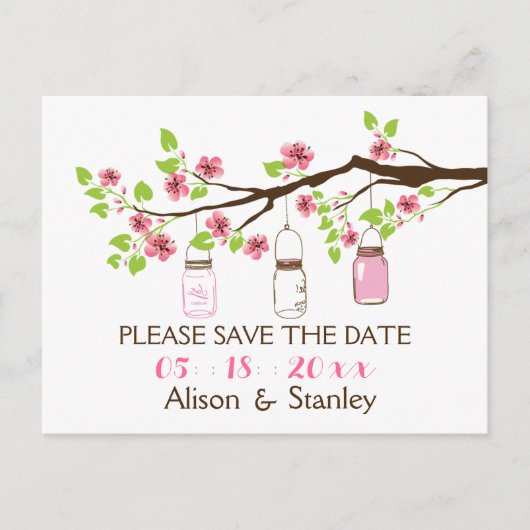Kirschblüten, Maurergläser Hochzeit Sichern das Da Ankündigungspostkarte (Vorderseite)