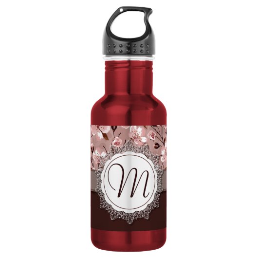 Kirschblüten mit Spitze-Monogramm Edelstahlflasche (Vorderseite)