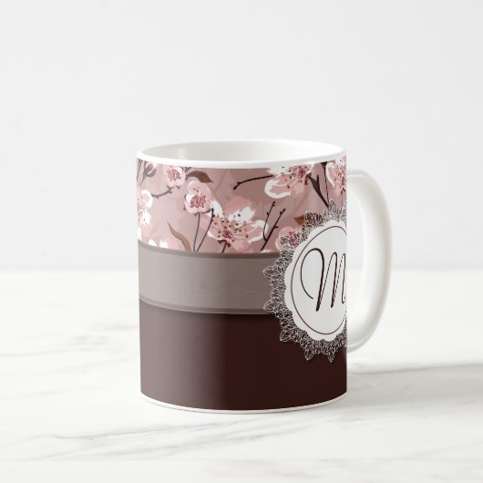 Kirschblüten mit Spitze-Monogramm Kaffeetasse (VorderseiteRechts)