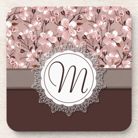 Kirschblüten mit Spitze-Monogramm Untersetzer (Vorderseite)
