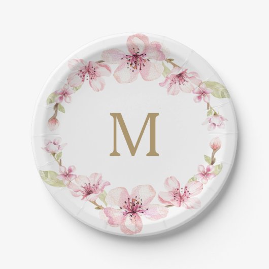 Kirschblüten-Monogramm-Papierteller Pappteller (Vorderseite)