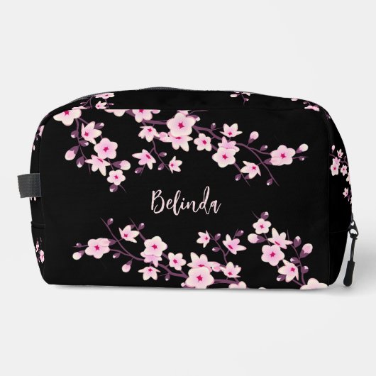 Kirschblüten-Pink-Schwarzes Monogramm Waschbeutel (Vorderseite)