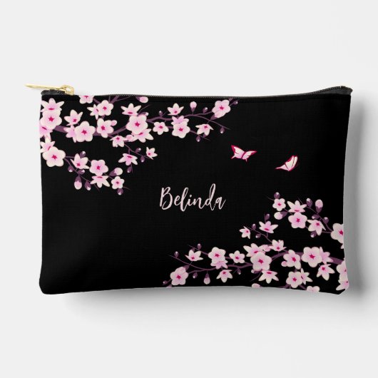 Kirschblüten-Pink-Schwarzes Monogramm Zubehörtasche (Vorderseite)