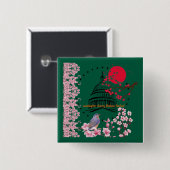 Kirschblüten-Regenfeier Waldgrün Button (Vorne & Hinten)