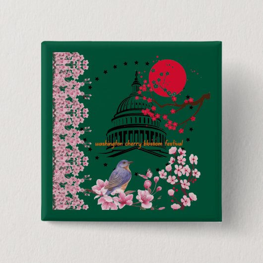 Kirschblüten-Regenfeier Waldgrün Button (Vorderseite)