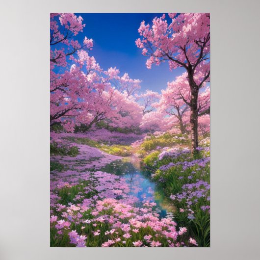 Kirschblüten, rosa Blume und ein sanfter Strom Poster (Vorne)
