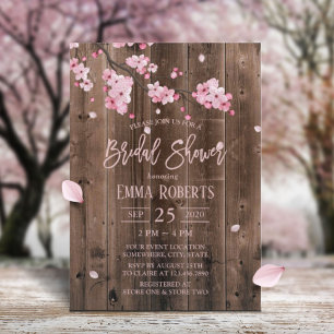 Kirschblüten-Rosa-Blumen-Scheunen-Holz-Hochzeitsdu Einladung