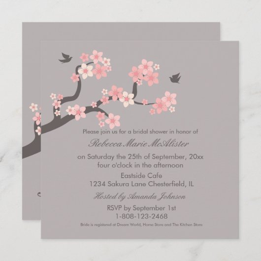 Kirschblüten Rosa/Grau Brautparty Einladung (Vorne/Hinten)