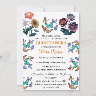 Kirschblüten Rosen Gold Schmetterlinge Quinceañera Einladung
