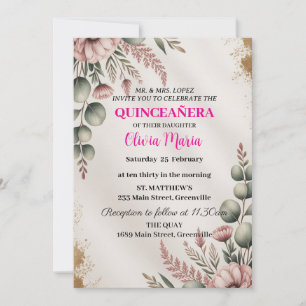 Kirschblüten Rosen Gold Schmetterlinge Quinceañera Einladung