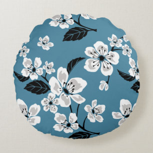 KIRSCHBLÜTEN - SAKURA-MUSTER IN RAUCHBLAU RUNDES KISSEN