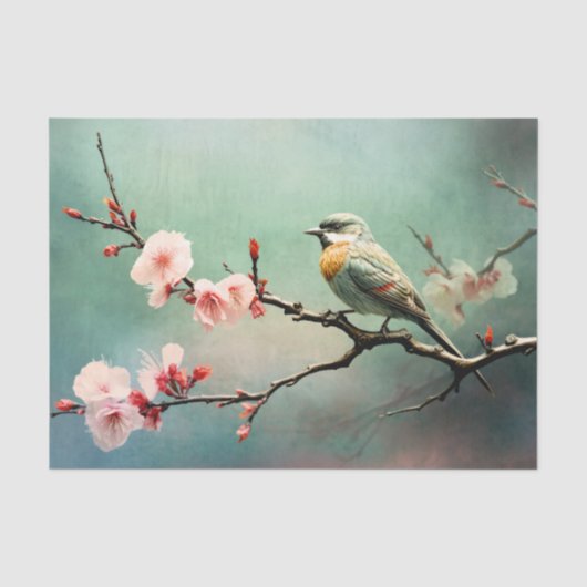 Kirschblüten Spatz Türkis Himmel Vogel Floral Seidenpapier (Vorderseite)