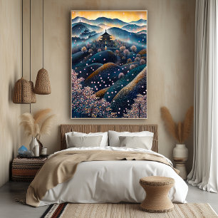 Kirschblüten-Tempel im Pointillistischen Stil Poster