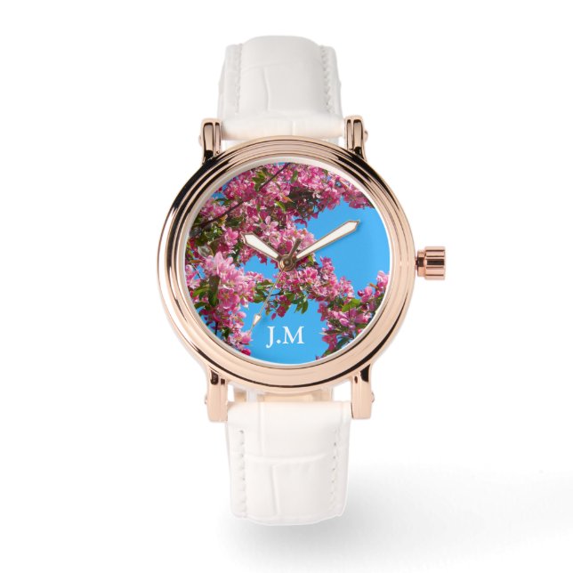 Kirschblüten und blauer Himmel Initialen Armbanduhr (Vorderseite)