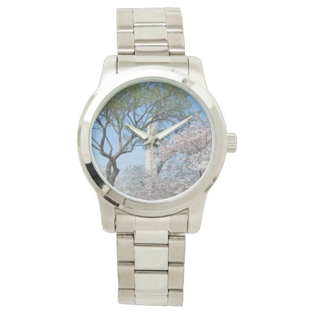 Kirschblüten und das Washington Monument in DC Armbanduhr (Vorderseite)