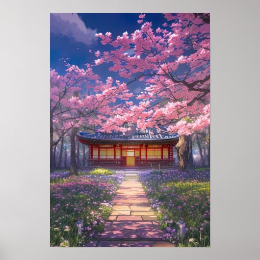 Kirschblüten und ein traditioneller Tempel Poster (Vorne)