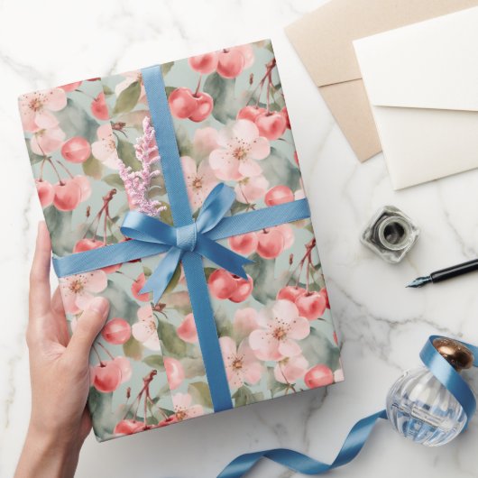 Kirschblüten und Kirschen Frühlings Kunst  Geschenkpapier (Schenken)