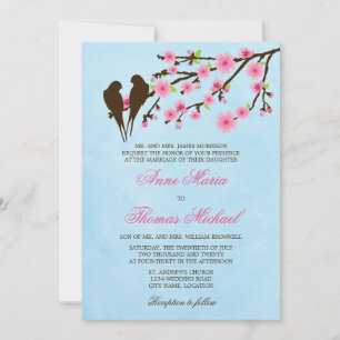 Kirschblüten und liebende Vögel Einladung Hochzeit