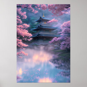 Kirschblüten und Misty Temple Poster