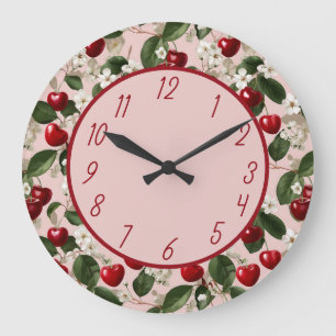 Kirschblüten- und rotes Frucht-Blumenmuster-Design Große Wanduhr